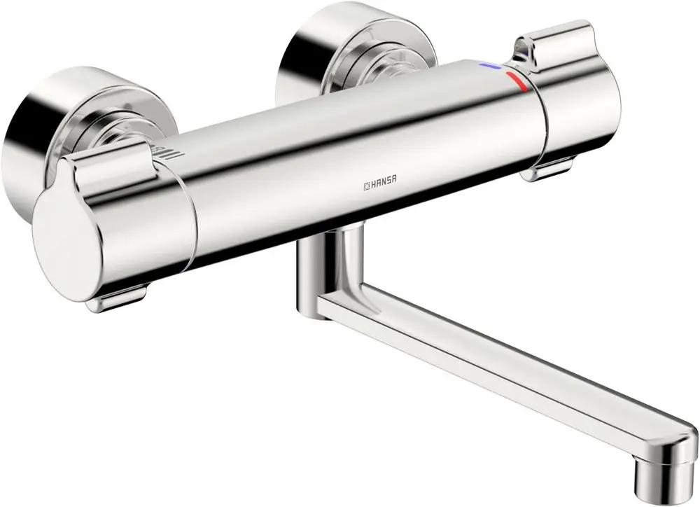 Chromfarbene Waschtischarmatur von HANSA mit zwei Drehgriffen zur Temperatur- und Wasserflussregelung. Ideal für moderne Badezimmeranwendungen.